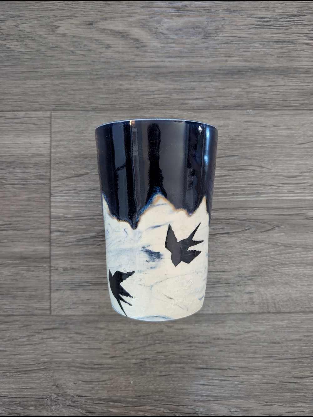 Handcrafted Blue and White Pottery with Bird Silhouettes To Go Cup